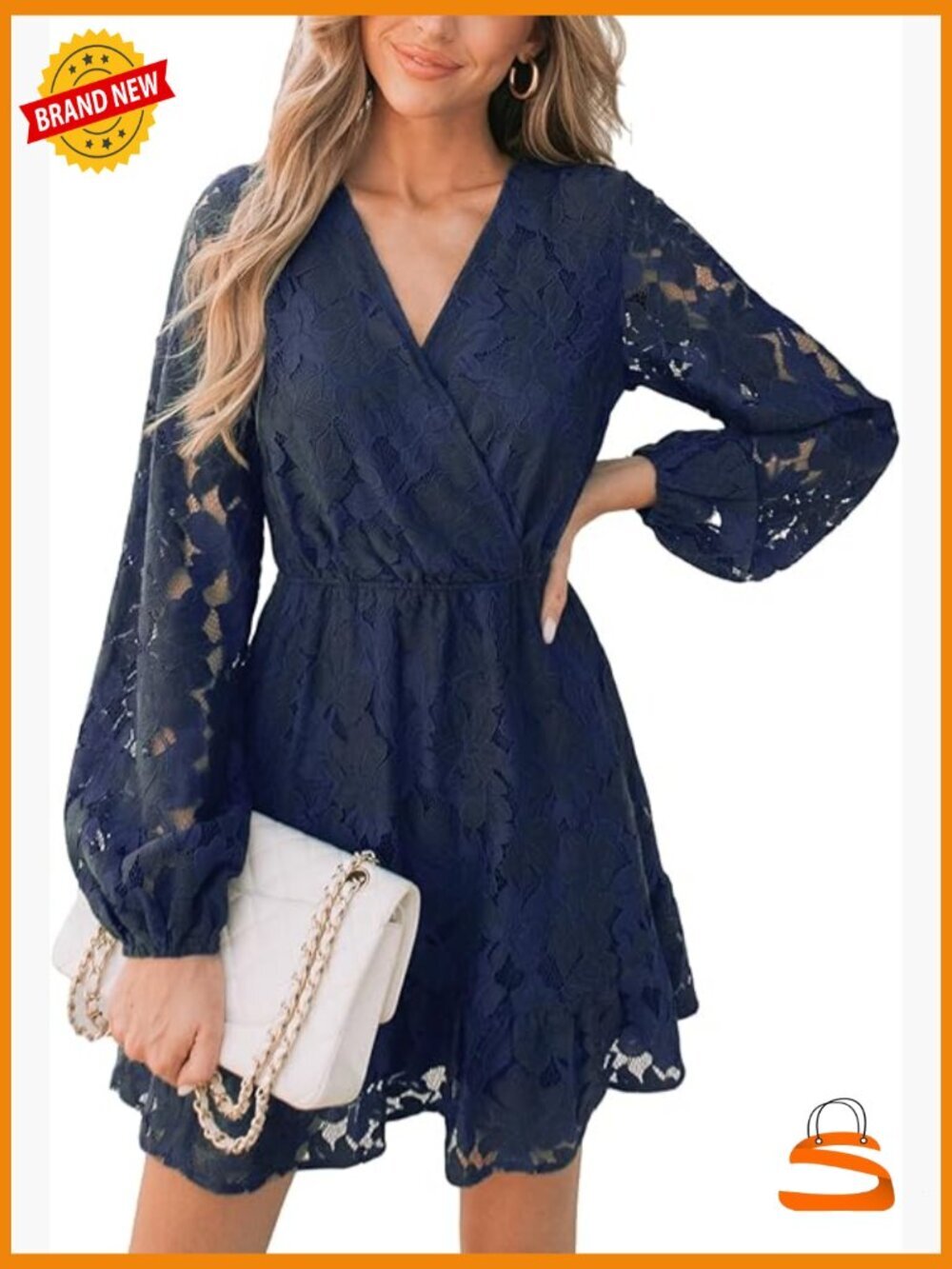 Elegant V Neck Lace Peasant Sleeve Mini Summer Dress High Waist A Line